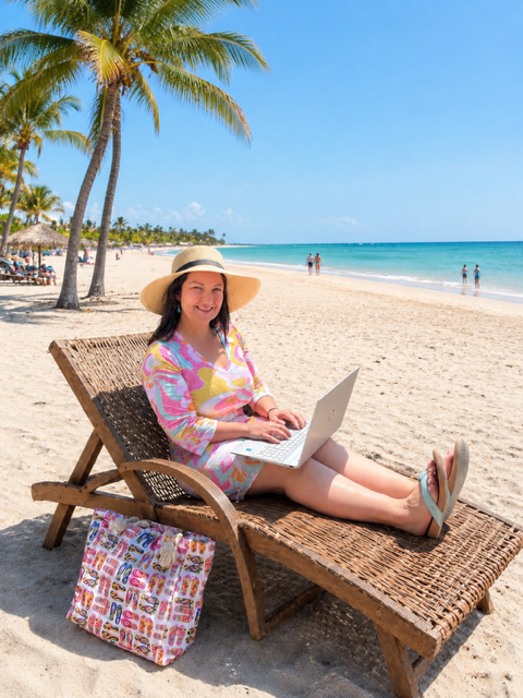 Selah and Sparrow Travel founder Stephanie McMullen planning luxury European escapes and family vacations from a tropical beach lounger chair.